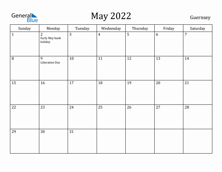 May 2022 Calendar Guernsey