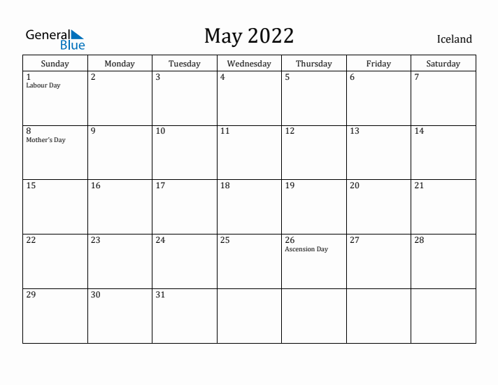 May 2022 Calendar Iceland