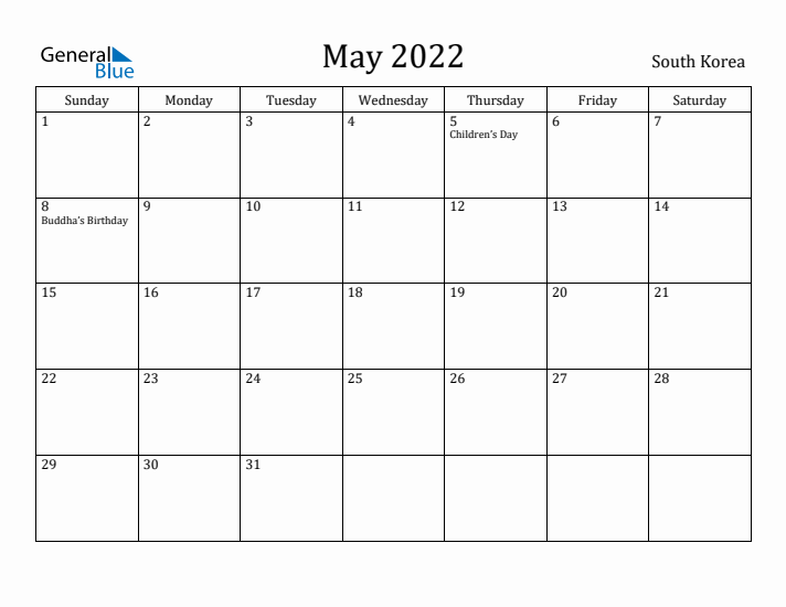 May 2022 Calendar South Korea