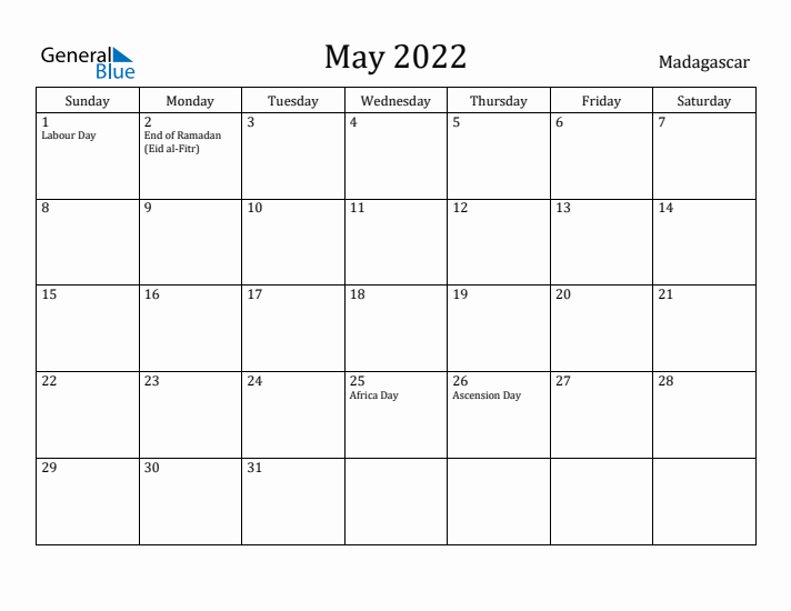 May 2022 Calendar Madagascar