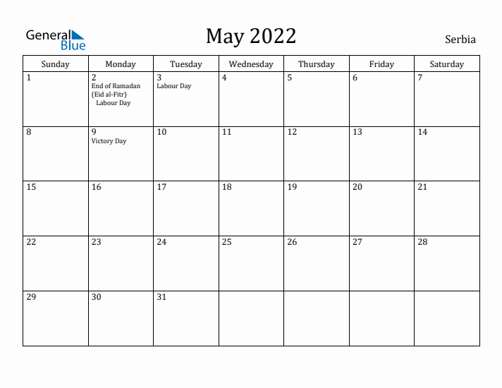 May 2022 Calendar Serbia