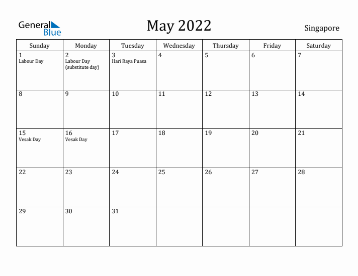 May 2022 Calendar Singapore