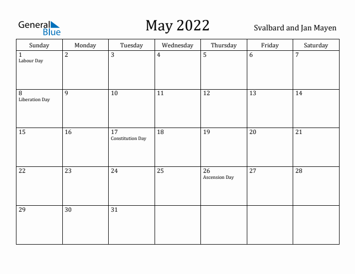 May 2022 Calendar Svalbard and Jan Mayen