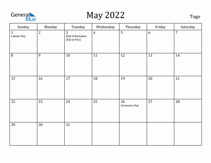 May 2022 Calendar Togo