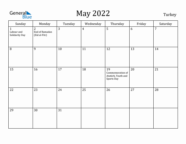 May 2022 Calendar Turkey