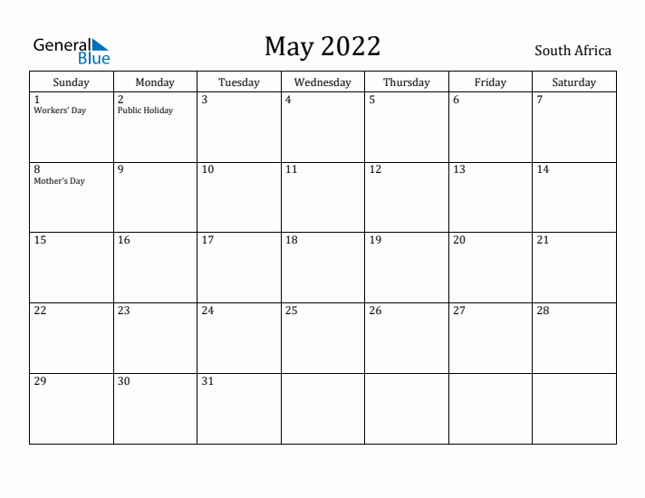 May 2022 Calendar South Africa