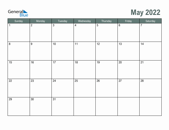 Free Printable May 2022 Calendar