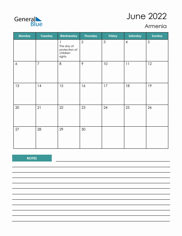 Calendar with Notes Printable - Monday Start