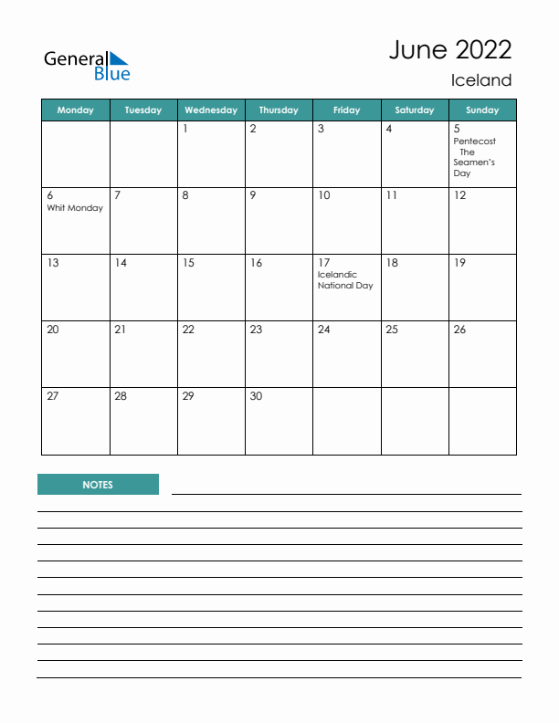 Calendar with Notes Printable - Monday Start