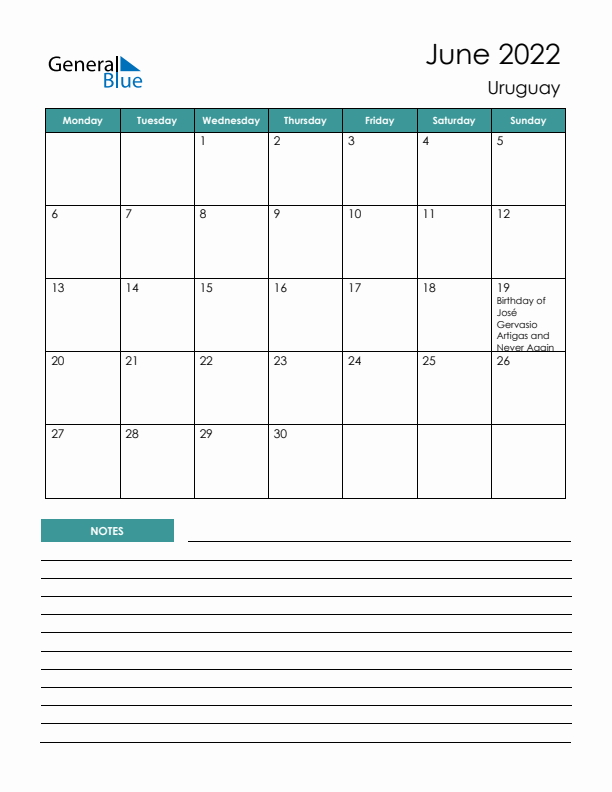 Calendar with Notes Printable - Monday Start