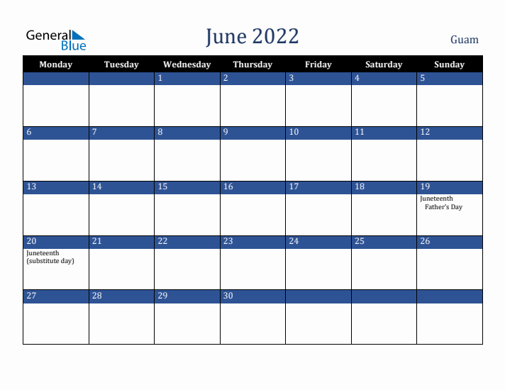 June 2022 Guam Calendar (Monday Start)