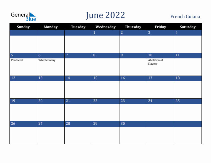 June 2022 French Guiana Calendar (Sunday Start)