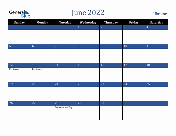 June 2022 Ukraine Calendar (Sunday Start)