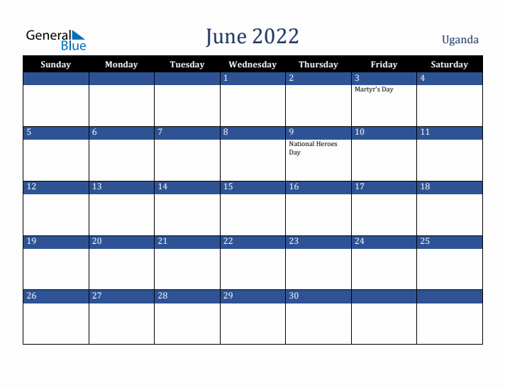 June 2022 Uganda Calendar (Sunday Start)