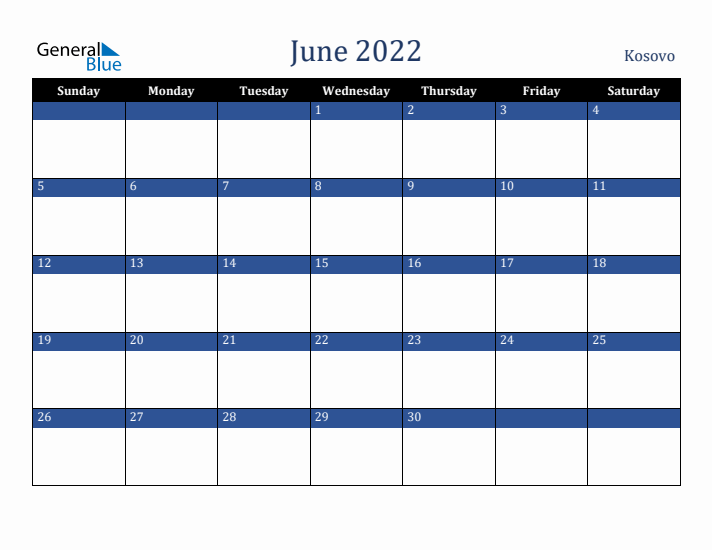 June 2022 Kosovo Calendar (Sunday Start)