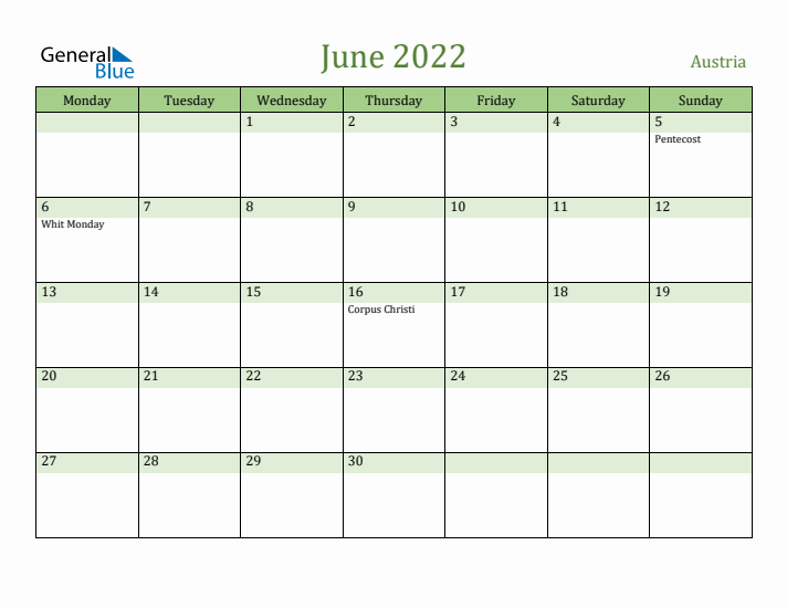 June 2022 Calendar with Austria Holidays