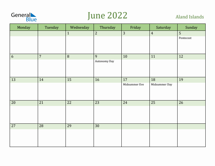 June 2022 Calendar with Aland Islands Holidays