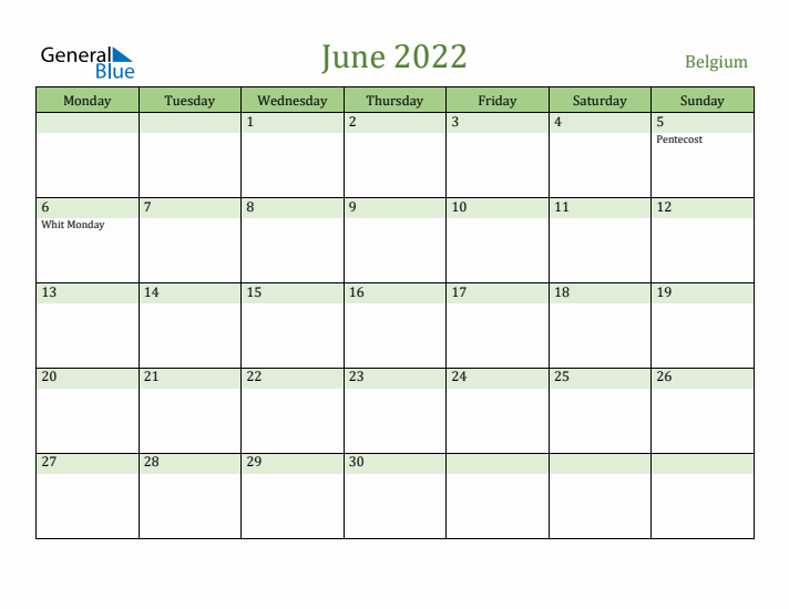 June 2022 Calendar with Belgium Holidays