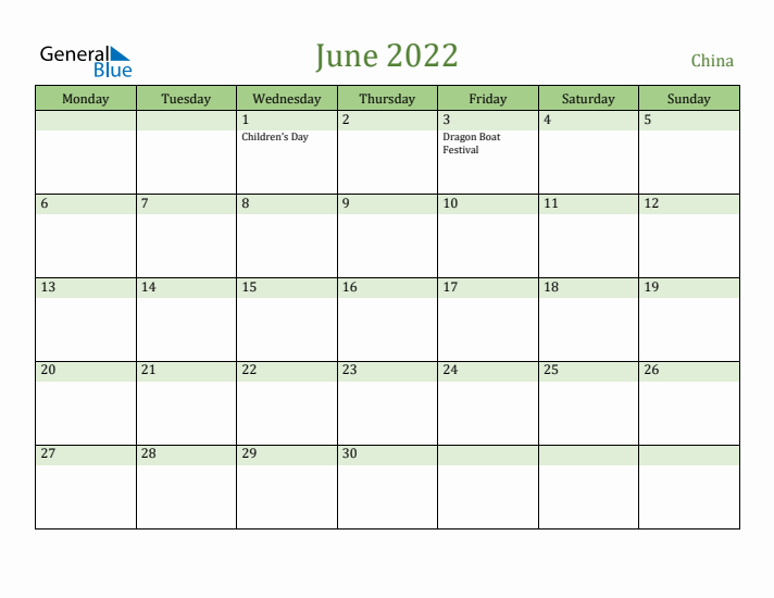 June 2022 Calendar with China Holidays