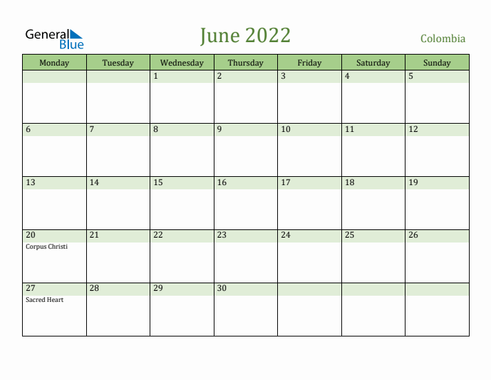 June 2022 Calendar with Colombia Holidays