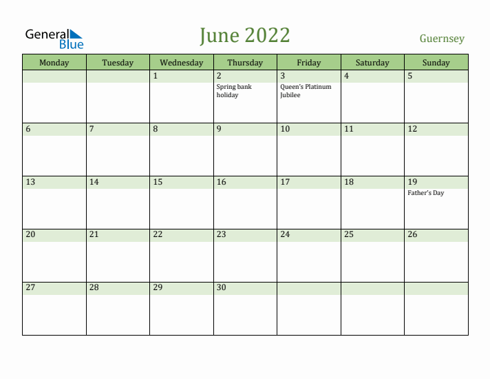 June 2022 Calendar with Guernsey Holidays