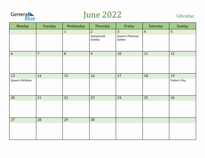 June 2022 Calendar with Gibraltar Holidays