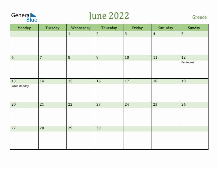 June 2022 Calendar with Greece Holidays