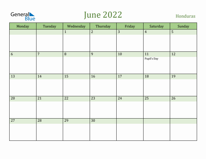 June 2022 Calendar with Honduras Holidays