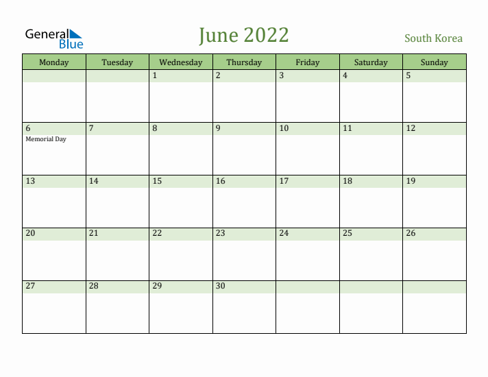 June 2022 Calendar with South Korea Holidays