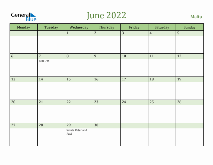 June 2022 Calendar with Malta Holidays