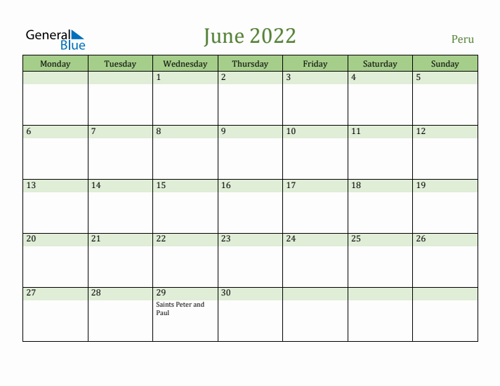 June 2022 Calendar with Peru Holidays