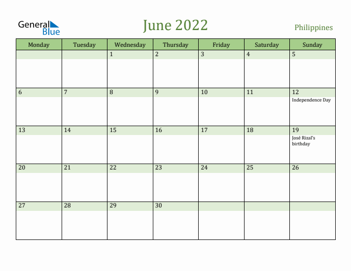 June 2022 Calendar with Philippines Holidays