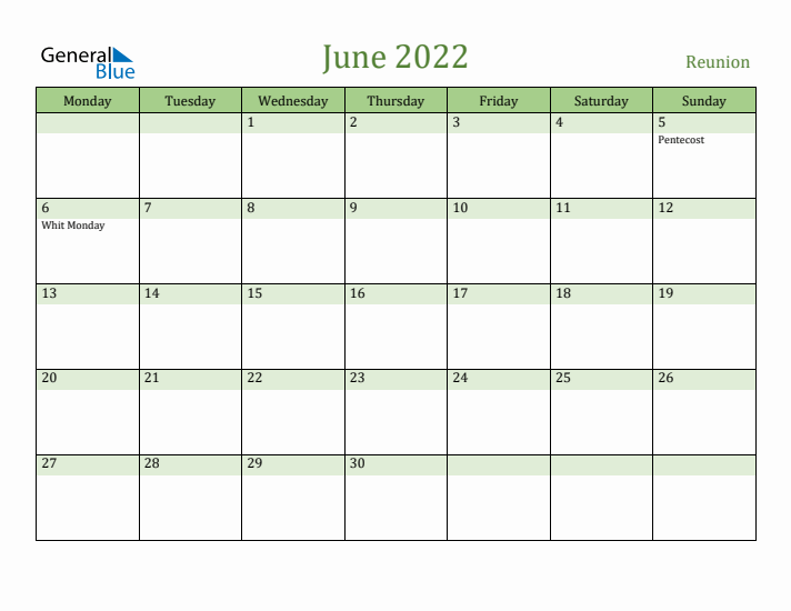 June 2022 Calendar with Reunion Holidays