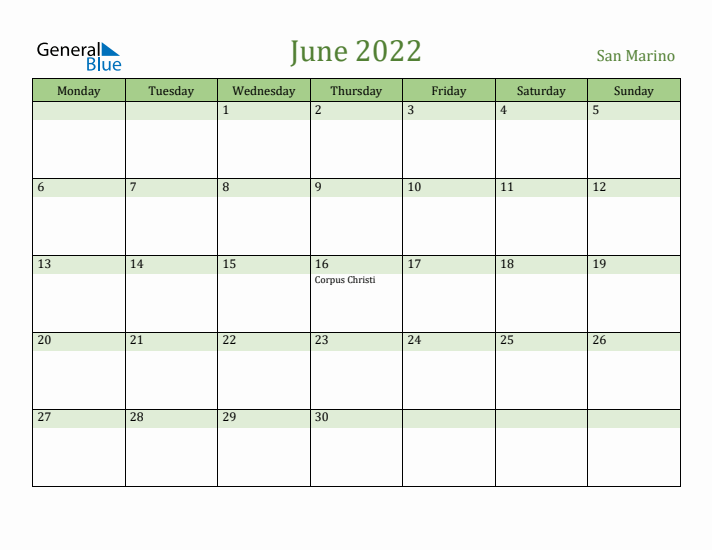 June 2022 Calendar with San Marino Holidays