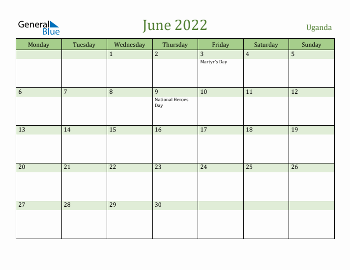 June 2022 Calendar with Uganda Holidays