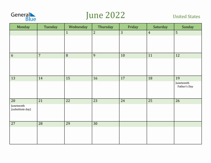 June 2022 Calendar with United States Holidays