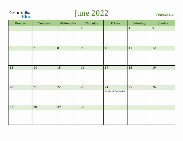 June 2022 Calendar with Venezuela Holidays