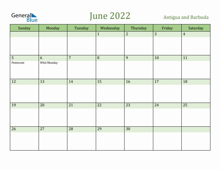 June 2022 Calendar with Antigua and Barbuda Holidays