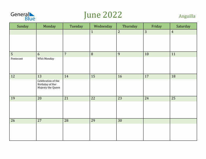 June 2022 Calendar with Anguilla Holidays