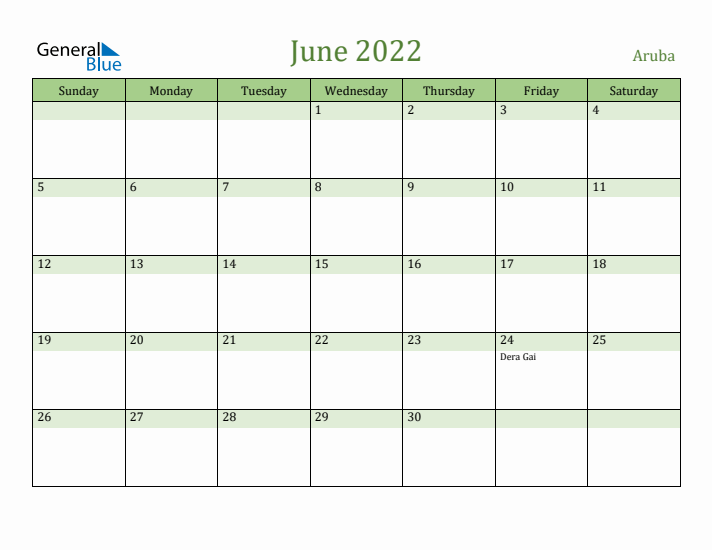 June 2022 Calendar with Aruba Holidays