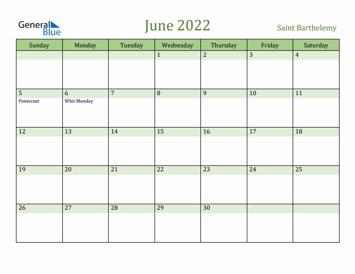 June 2022 Calendar with Saint Barthelemy Holidays