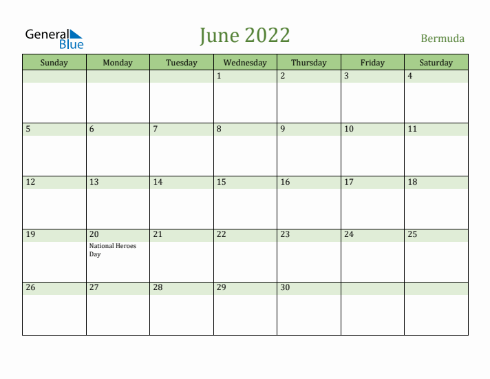 June 2022 Calendar with Bermuda Holidays