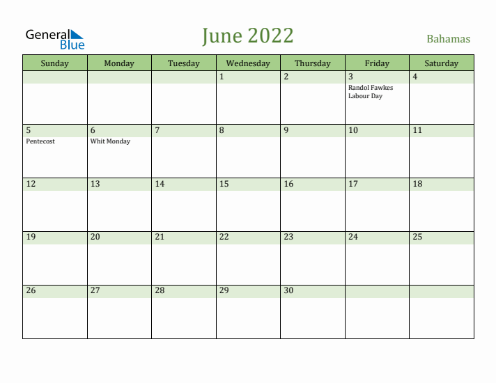 June 2022 Calendar with Bahamas Holidays