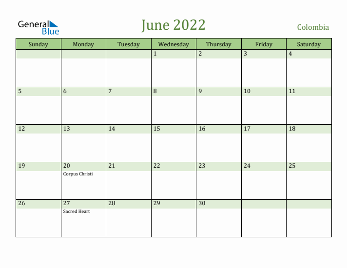 June 2022 Calendar with Colombia Holidays