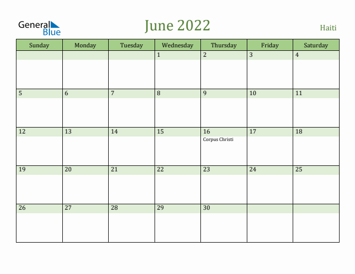 June 2022 Calendar with Haiti Holidays