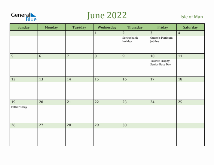 June 2022 Calendar with Isle of Man Holidays