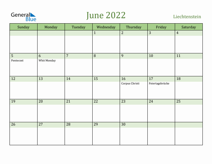 June 2022 Calendar with Liechtenstein Holidays