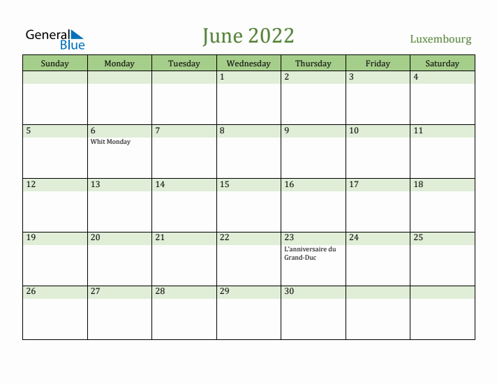 June 2022 Calendar with Luxembourg Holidays