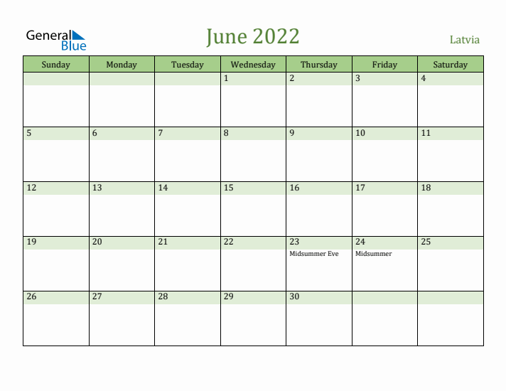 June 2022 Calendar with Latvia Holidays