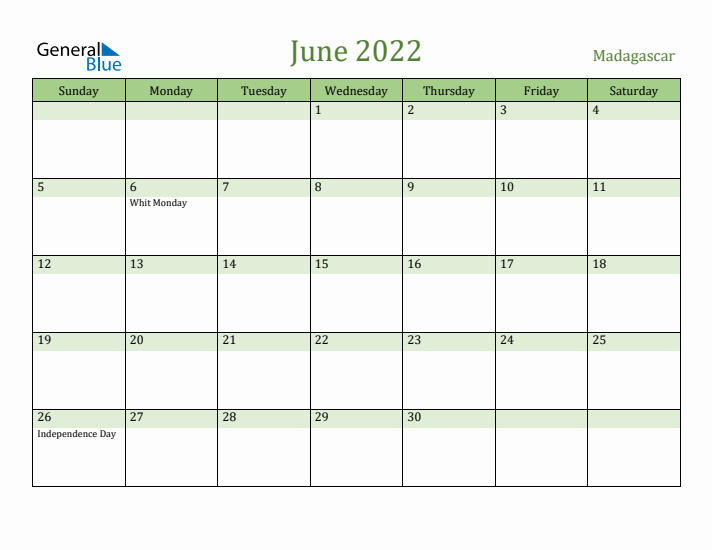 June 2022 Calendar with Madagascar Holidays